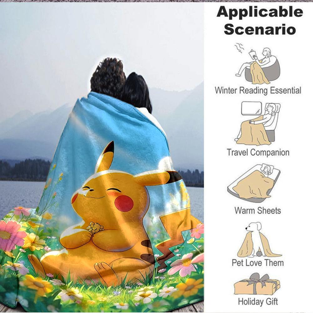 1pc Pikachu, Flowers Blanket Lightweight Flannel Blanket Throw Blanket For Sofa, Bed, Travel, Camping, Livingroom, Office, Couch