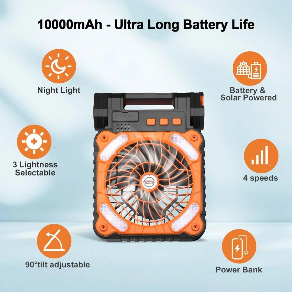 Portable Solar Fans 10000mAh LED Lantern Rechargeable Solar Powered Camping Fan 4 Speeds Powerful Wind 90° Folding Ventilador