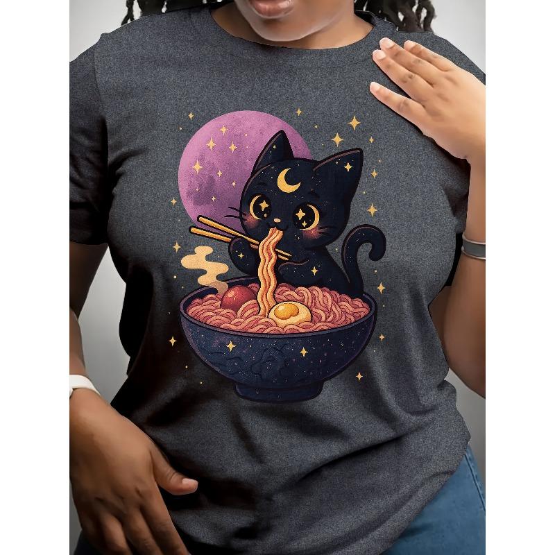 A Cat Lady Eating Ramen, Short-sleeved, Patterned Printed Round-neck T-shirt, Casual Short-sleeved T-shirt, Women's Clothing