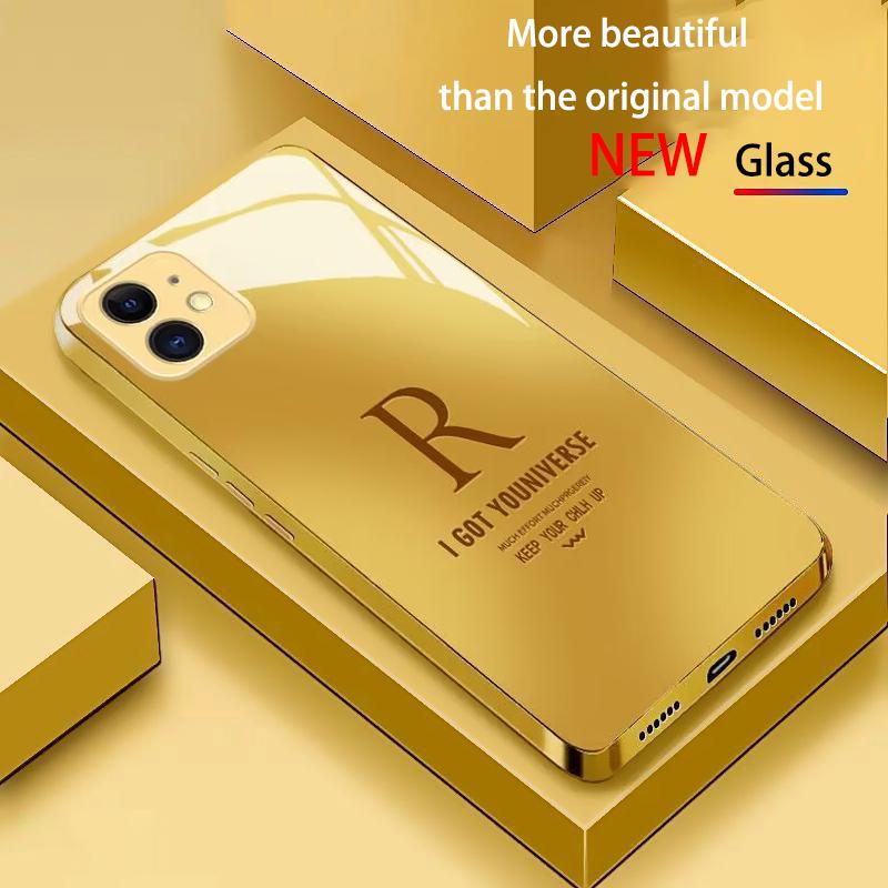 Electroplated glass phone case letter "R" design golden frame For iPhone 17 Air 16 Pro 15 Pro Max 14 Plus anti-drop protection