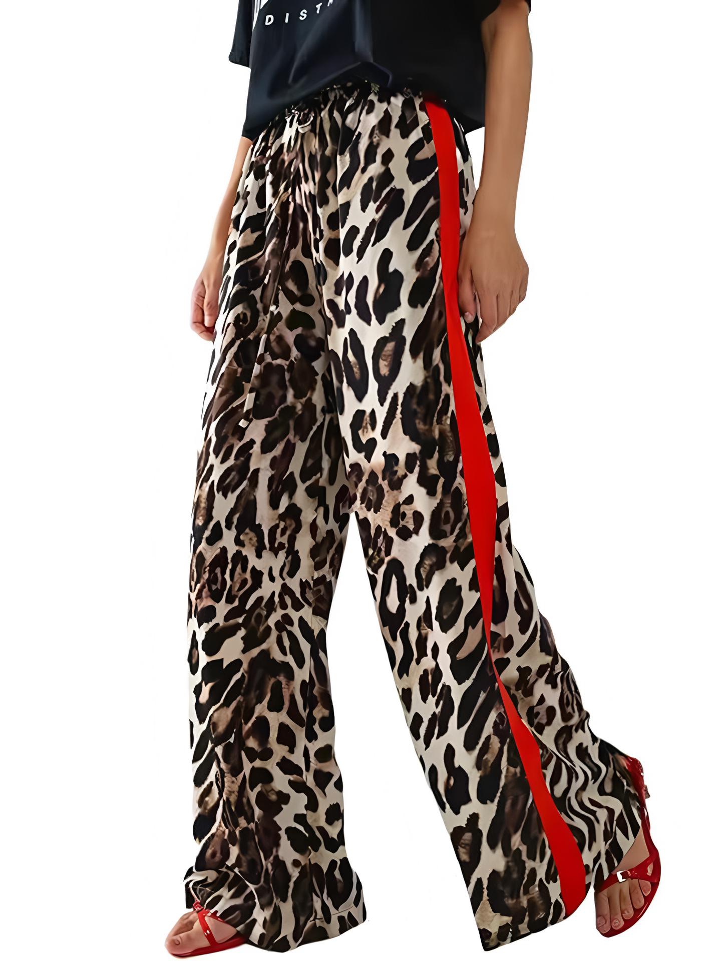 2025 Women s Leopard Print Patchwork Wide-Leg Pants - Elegant Loose Summer Style 3X-Large коричневый