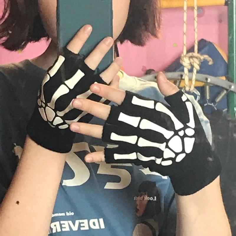 Nové punkové rukavice Unisex Halloween Skeleton Skull Půlprstové rukavice svítící ve tmě Strečové pletené zimní rukavice bez prstů