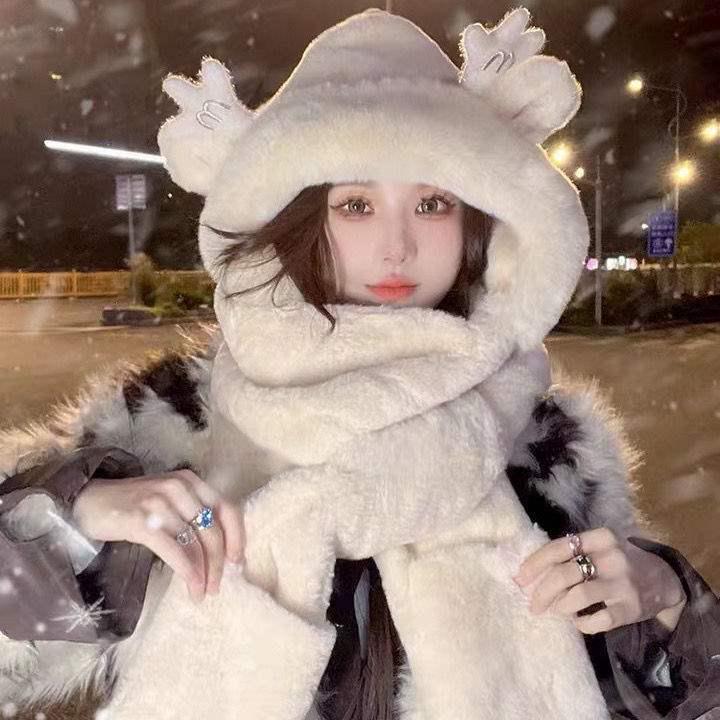 Women's Cute Bear Hooded Scarf Set: Plush Hat, Neck Warmer, and Gloves for Winter