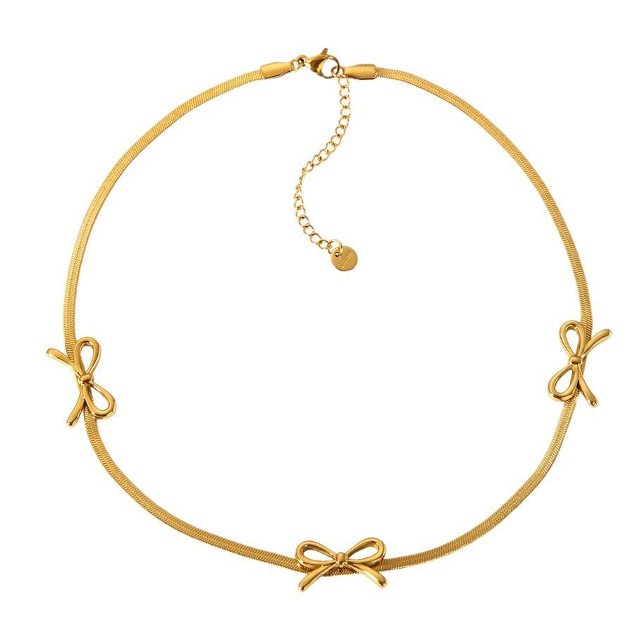 European and American Ins Fashion Light Luxury Hollow Bow Pendant Necklace Plated with 18k Gold Stainless Steel Waterproof Flat Snake Chain Jewelry