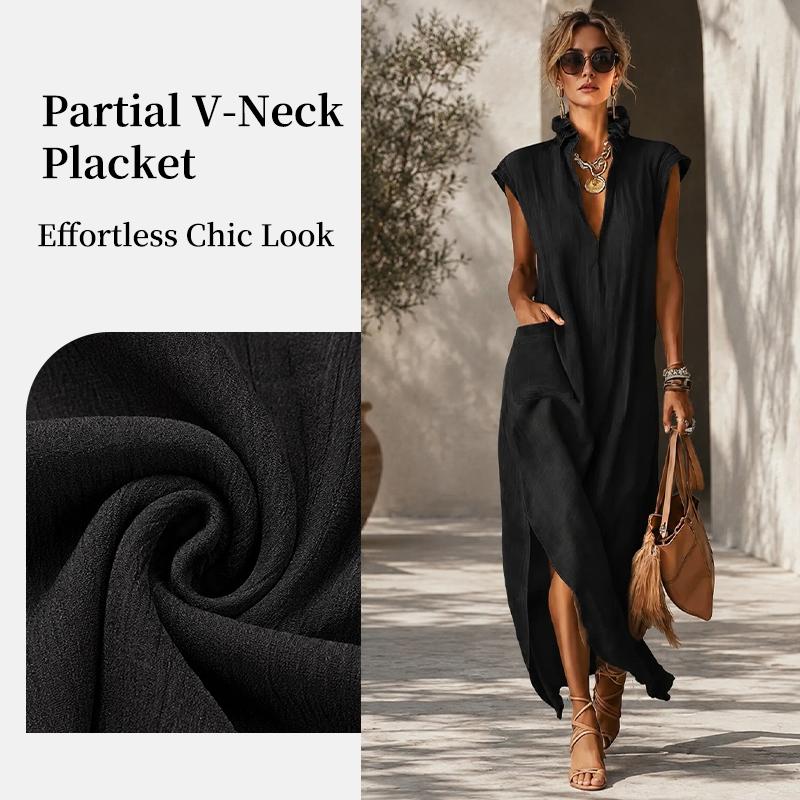 Abbigliamento Donna Estate Stile Europeo Abito Lungo Cotone Senza Maniche Monocolore Vestibilità Larga Scollo a V Casual
