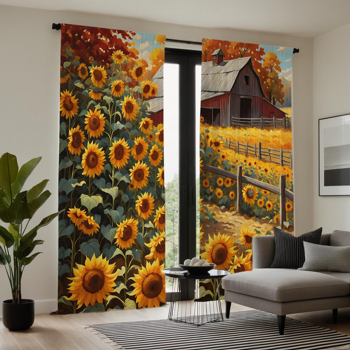 

2 шт. HD Country Cottage Pastoral Sunflower шторы Желтые галстуки цифровые печатные шторы Стиль украшения дома Украсьте гостиную W52H63inchW132H160cm