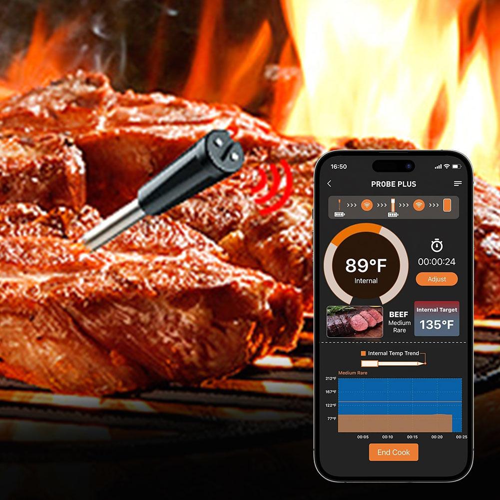 Wireless BT Meat Thermometer Ultra-Thin Probe Smart Meat Thermometer with App Cooking Thermometer for BBQ Oven Grill & Smoker
