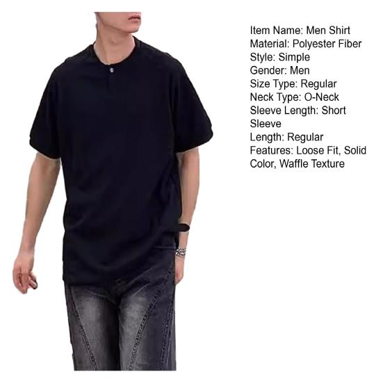 Men Shirt Round Neck Buttons Half Placket Short Sleeve Loose Fit Tops Waffle Texture Casual Tee Shirt Home Gym Streetwear