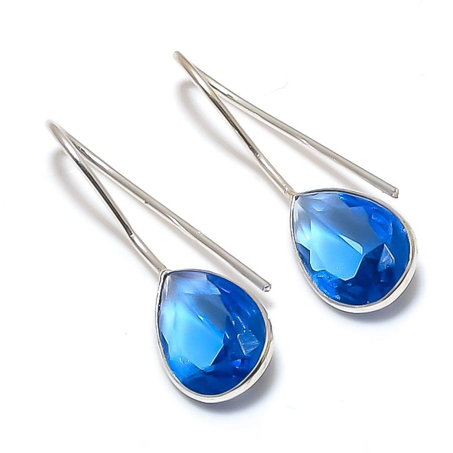 Natural Blue Topaz Gemstone 925 Sterling Silver Jewelry Earring 1.26  ETC-14086