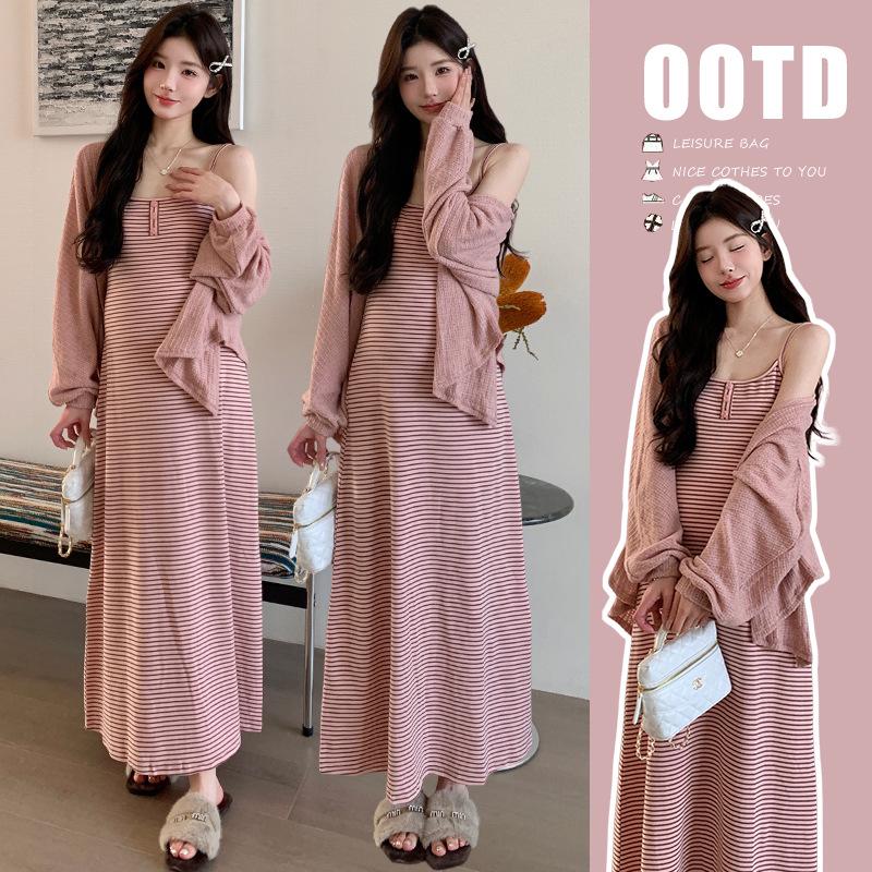 Maternity Spring Striped Camisole Dress & Knit Cardigan Set - Casual, Slim-Fit Two-Piece M