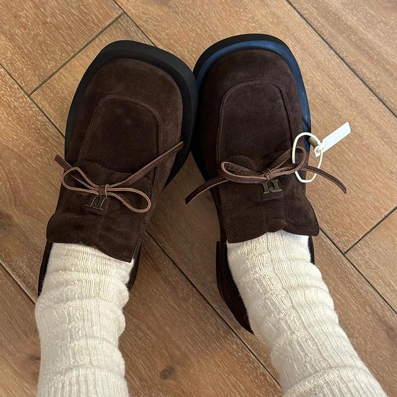 Cowhide version~ Square head bow loafers women's 2025 retro suede small leather shoes British college style single shoes