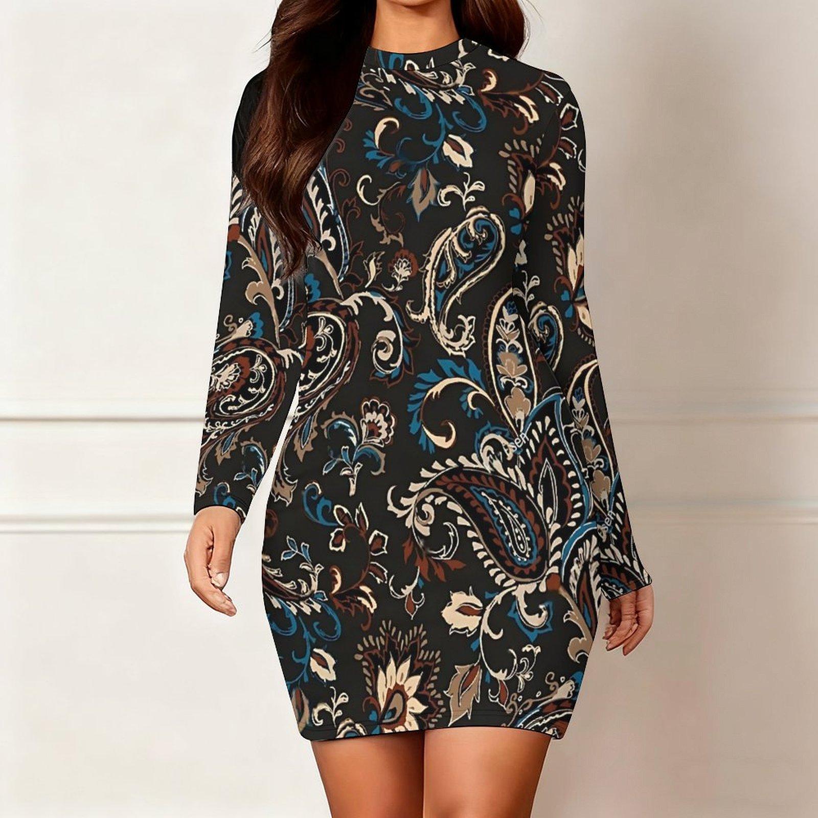 

2025 Осінньо-зимовий Новий Жіночий Модний Плаття з Довгим Рукавом та Круглим Вирізом, що Облегає Стегна, з 3D Квітковим Принтом та Фарбуванням, Обмежена Серія до Дня Святого Валентина XXL темно-синього кольору