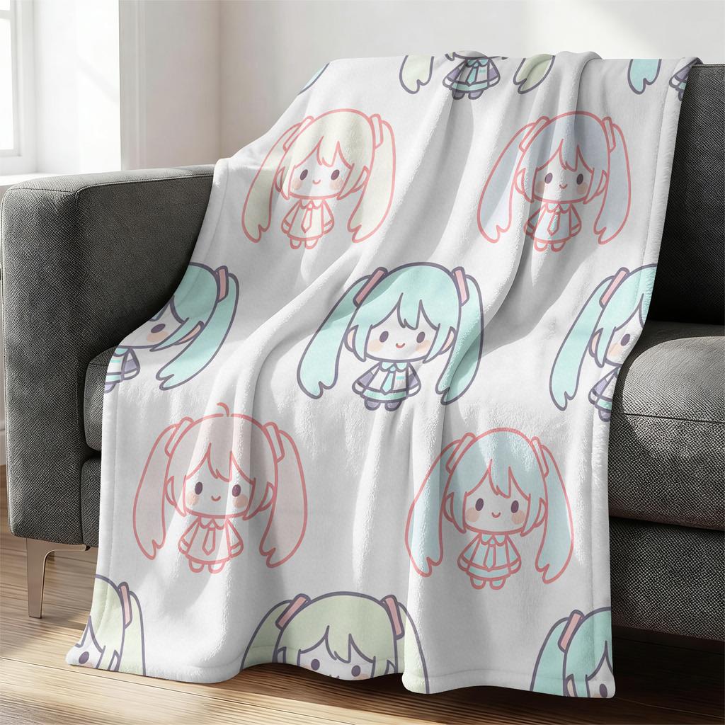 Hatsune Miku Pastel Chibi Print Flannel Throw Blanket Bedroom Decor Cute Anime Nap Blanket Air Conditioner Throw Sofa Throw Cove