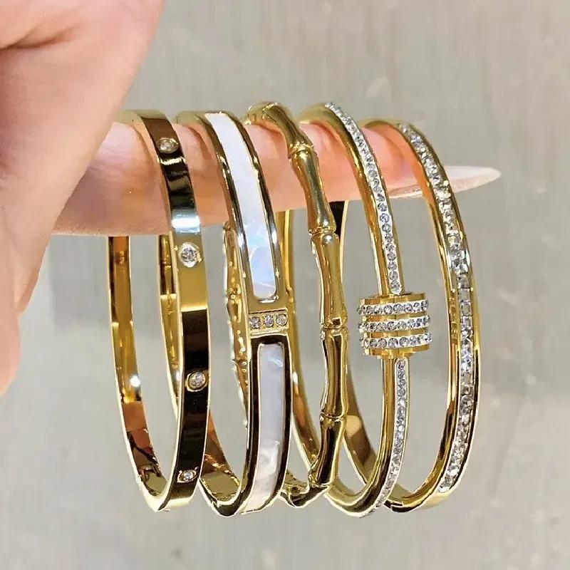 1 STKS Titanium Staal Roestvrij Staal Ingelegd Zirkonia Verguld Armband Klassieke en Eenvoudige Stijl Armbanden voor Vrouwen Dagelijkse Sieraden