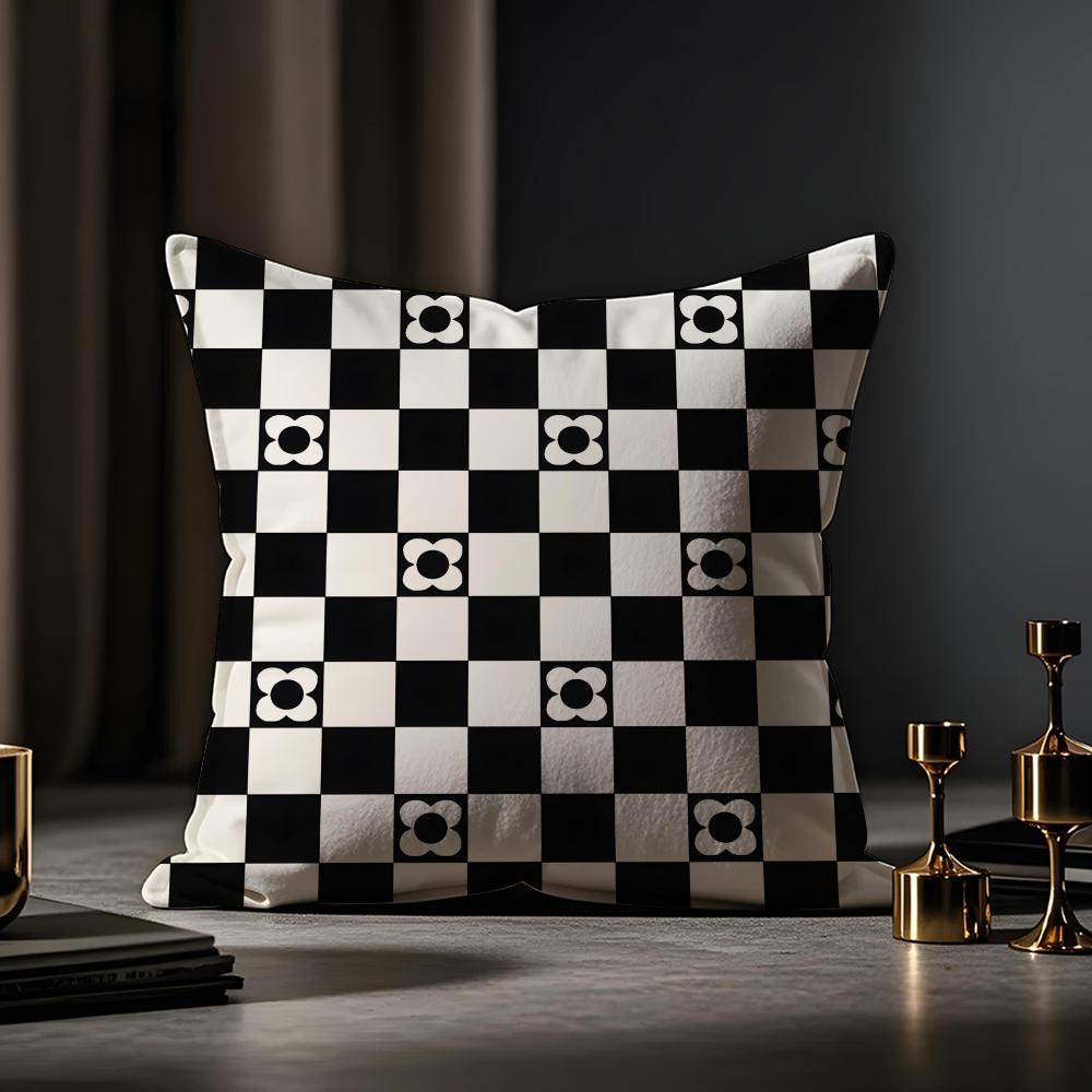 Black-and-white Pattern Cushion Cover Anti-dustmite Pillowcase Invisible Zipper Silky Short Plush Sofa Cushion Cover