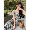 Women's Chinese Floral Ink Wash V-neck Spaghetti Strap Dress - Summer 2025 French Casual Holiday Style