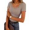 Women's Square Neck Short Sleeve Lace Patchwork Ribbed Knit Top Regular Fit Casual Tee