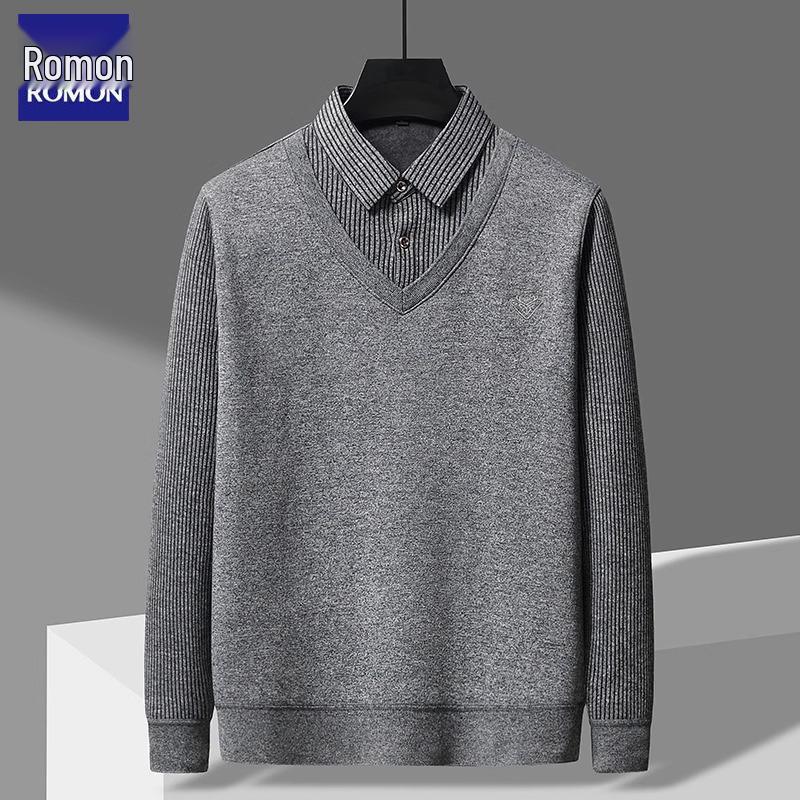 Romon Dad s Winter Sweater: Men s Two-in-One Thick Knit Shirt for Elderly M