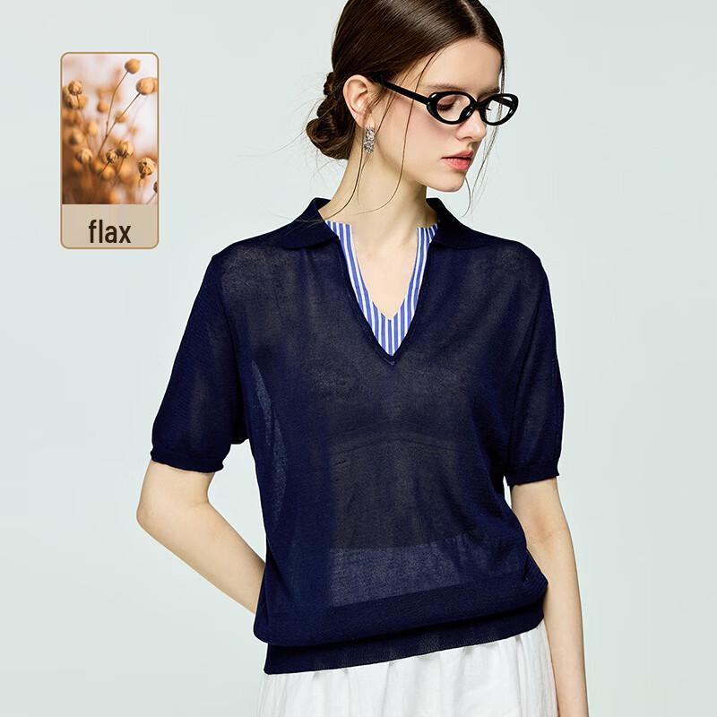 Women s Old Money Style Faux Two-Piece Striped Linen Blend T-Shirt M