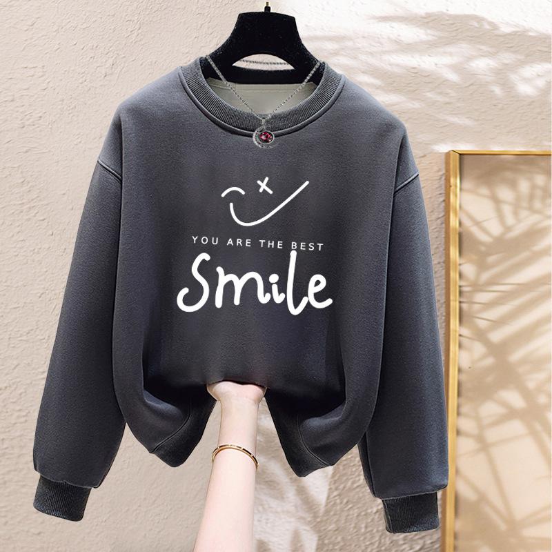 Autumn and winter velvet thickened trendy letter hoodless sweater women's pure cotton oversize Korean version of student loose coat