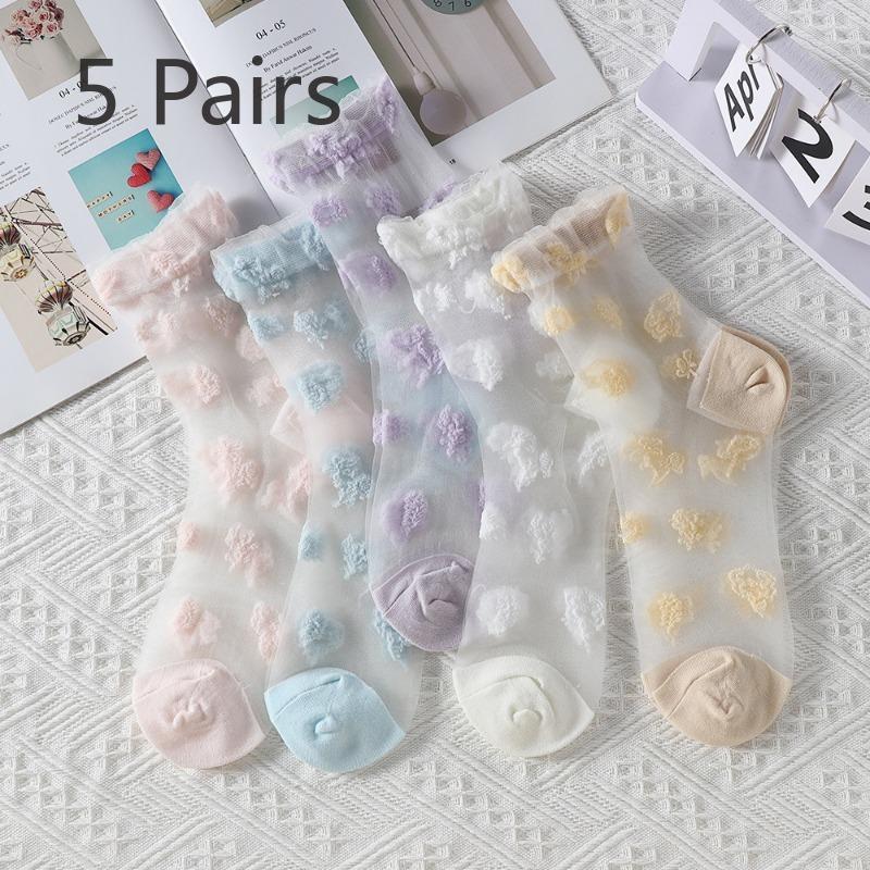 5 Pairs of Women's Summer Super Thin Polka Dot Cotton Sole Anti Hook Embroidered Clear Crystal Stockings