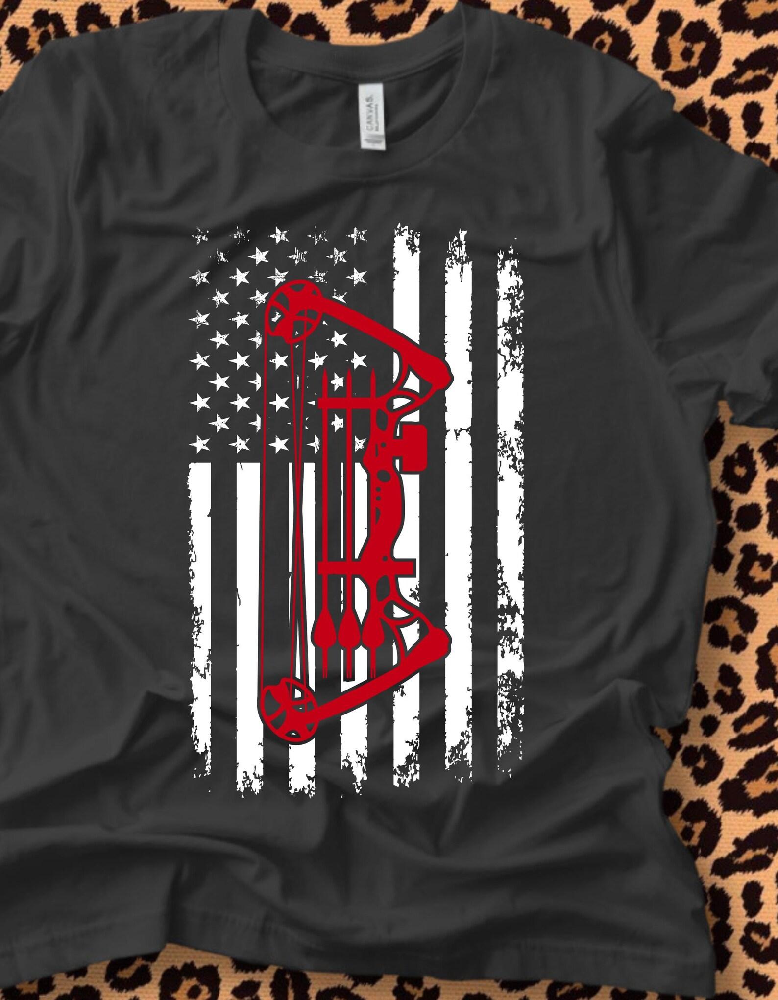 Compound Bow on Flag, US flag with hunting bow tshirt, archery shirt, bow and arrow L