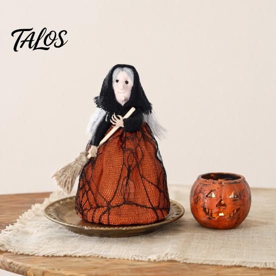 Retro Witch Figurine Halloween Kitchen Doll, Small Statue with Broom, Black And Orange Doll Tabletop Party Decoration for Table Fireplace Holiday Home