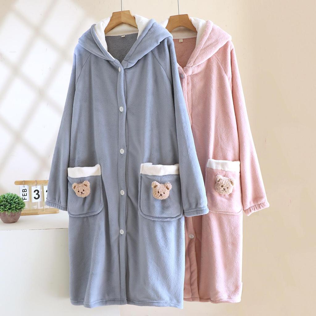 Women's Thickened Hooded Flannel Bear Robe - Cozy Wear for Indoor & Outdoor Spring and Autumn.