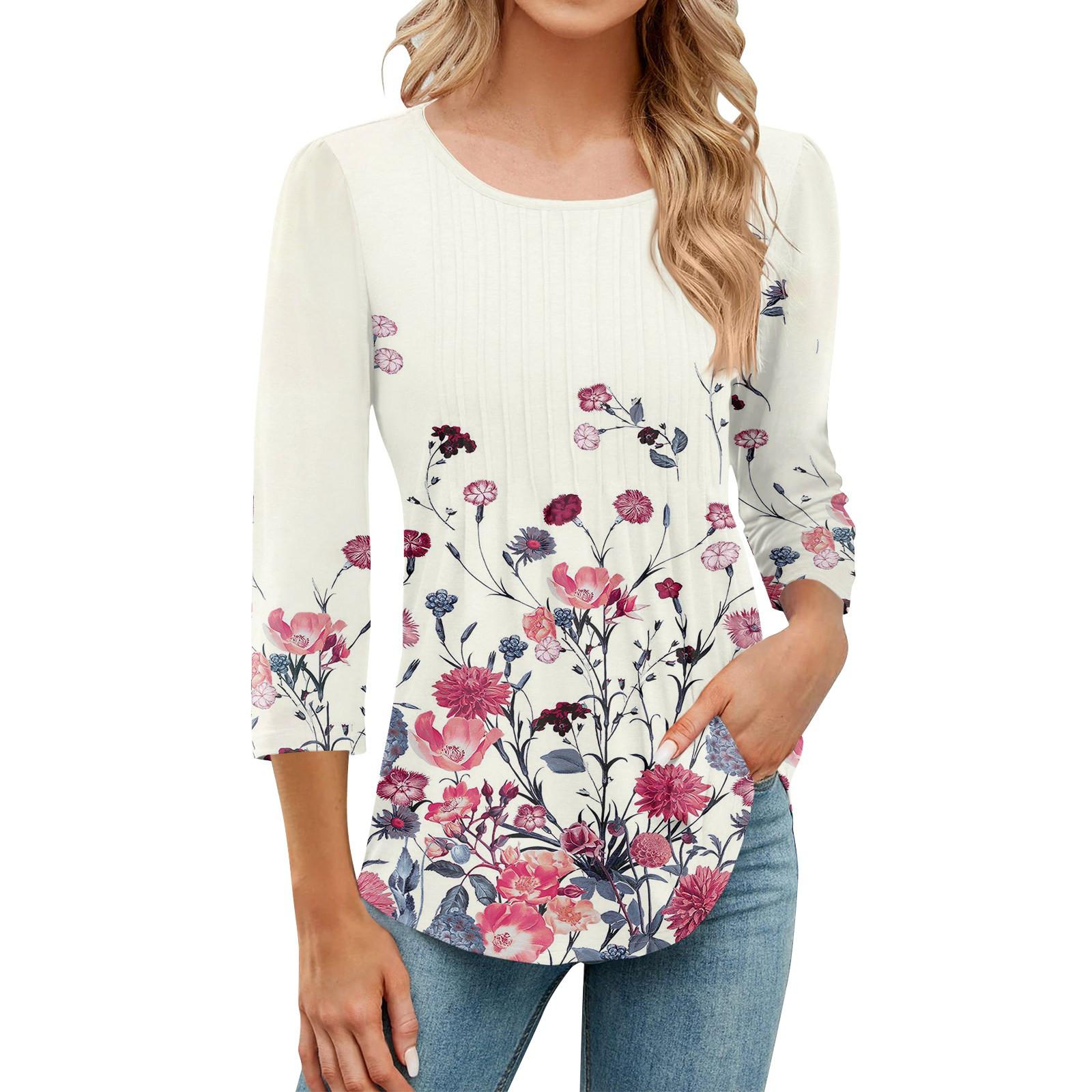 

Женская модная повседневная плиссированная футболка с круглым вырезом и принтом в стиле «отдых» с рукавом семь четвертей XL белый