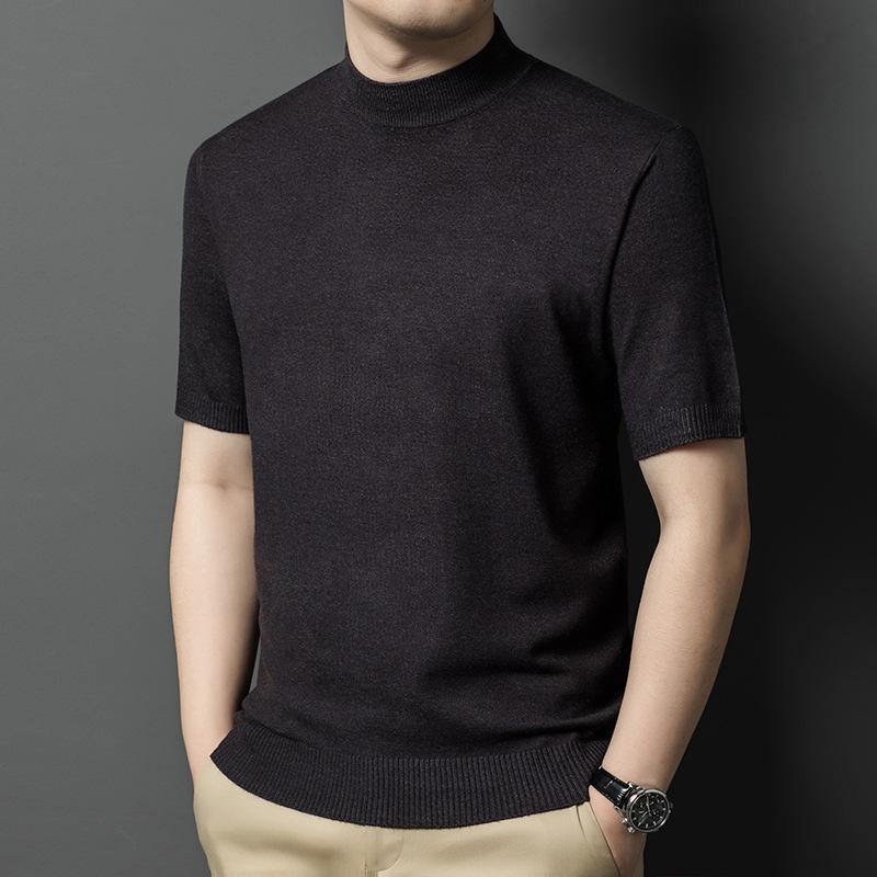 Men's Slim Fit Half-High Neck Wool Blend Knit Shirt - Short Sleeve, Fashionable, Versatile, Business Casual.
