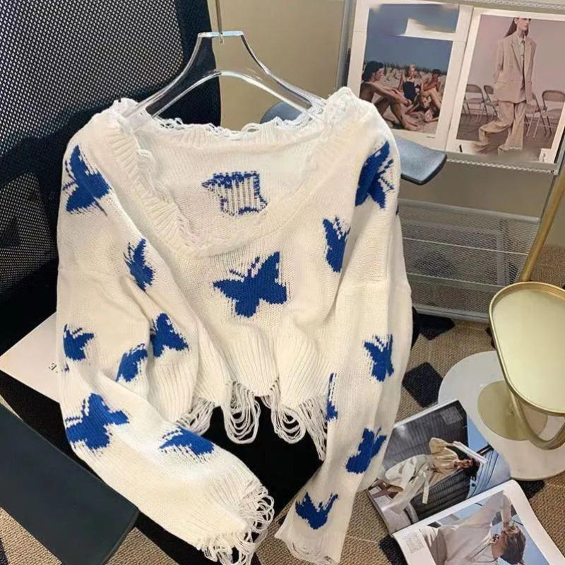 Butterfly Printed Short Sweater Sweet Women's Knitted Pullover Short Top Irregular Tassel Hem Collar Design Wide Truffle Shoulder Thin Sweater