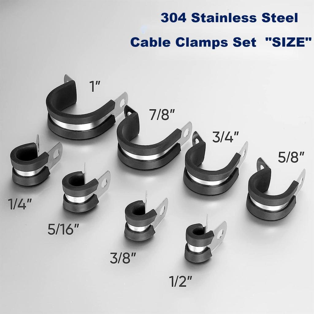 68PCS 304 Stainless Steel Rubber Lined P-Clip Cable Clamps 8 Sizes R-Type Cushioned Pipe Hose Tube Wire Management Kit with Box