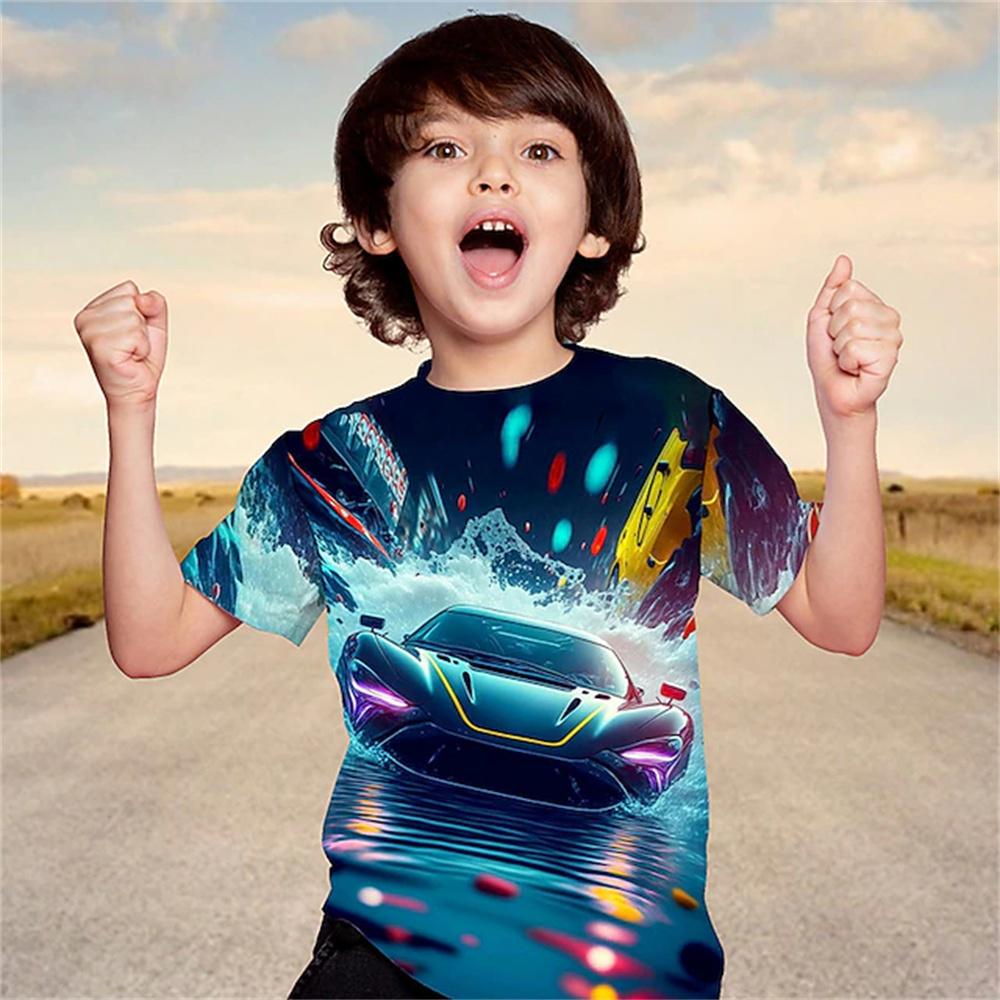 Summer Round Neck 3D Cool Racing Car Graphics Printed Top Fashionable Casual Short Sleeved Children's Boy T-shirts