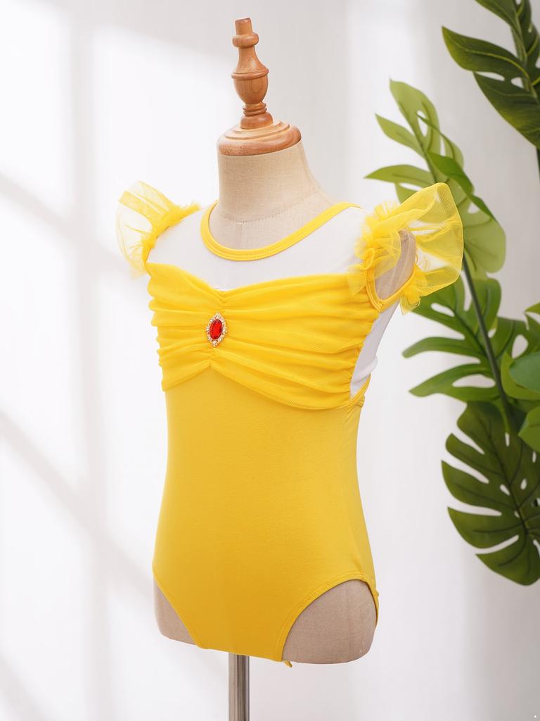 Girls Ruffle Sleeve Leotard Ruched Mesh Patchwork Cutout Back Bodysuit