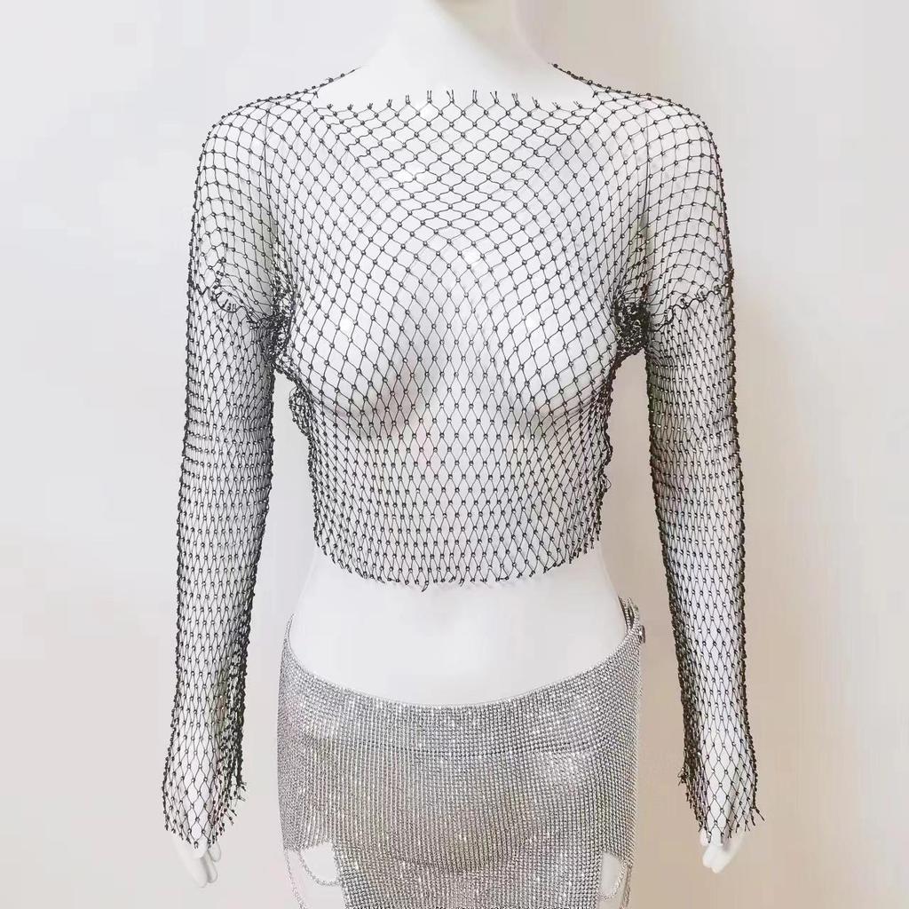 European and American Rhinestone Mesh Long-Sleeve Fishnet T-shirt - Sexy Hot Girl Top