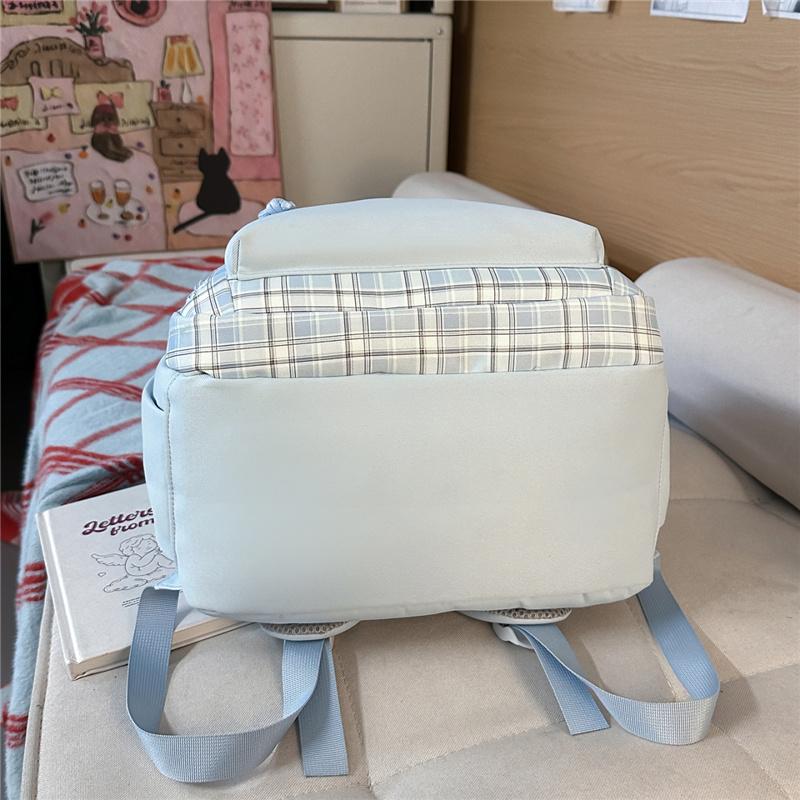 Nylon Plaid Backpack Women's Fashionable Casual School Bag Lightweight Travel Rucksack with Multiple Pockets