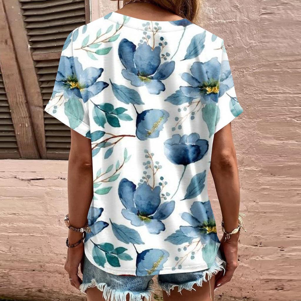 Fashion Womens Loose Summer Plain V Neck Button Button Short Sleeve Casual Tops
