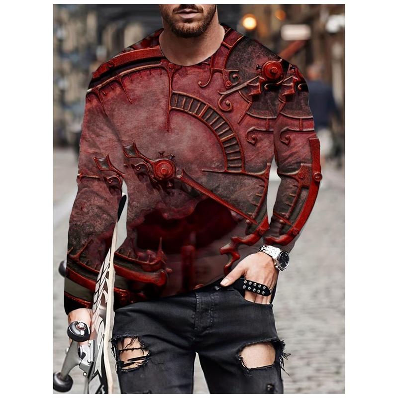 Vintage Compass Graphic Men's T-shirts Fashion Spring Autumn Long Sleeve Round 3D Printed Loose Streetwear Tops
