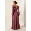 Langes Chiffonkleid mit Gürtel, Ballonärmeln und Rüschen