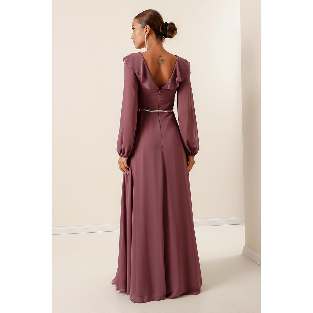 Langes Chiffonkleid mit Gürtel, Ballonärmeln und Rüschen