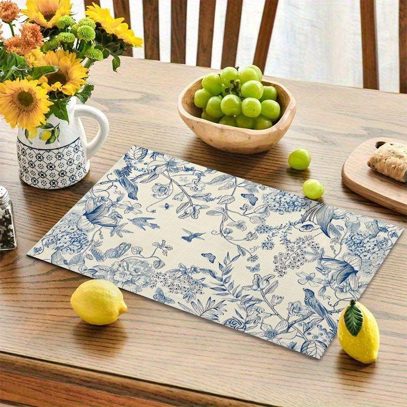 6Pcs, French-Style Blue and White Porcelain Flower and Bird Placemats, Washable, Suitable for Holiday Parties, Home Decoration