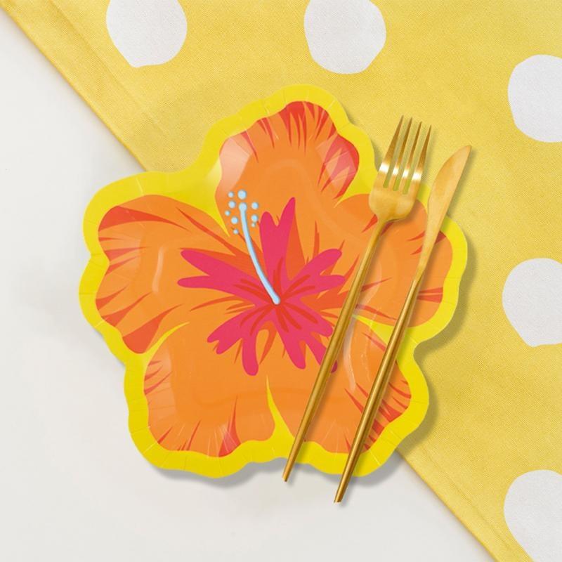 Hibiscus Flower Shaped Paper Plates Hawaiian Luau Tropical Party Supplies Disposable Dessert Tableware For Summer Birthday
