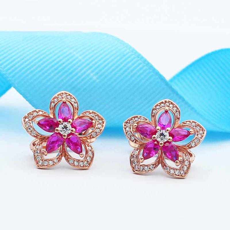 Purple Gold Color Gold Inlaid Redstone Flower Earrings Fashion Temperament Rose Gold Plated Earrings