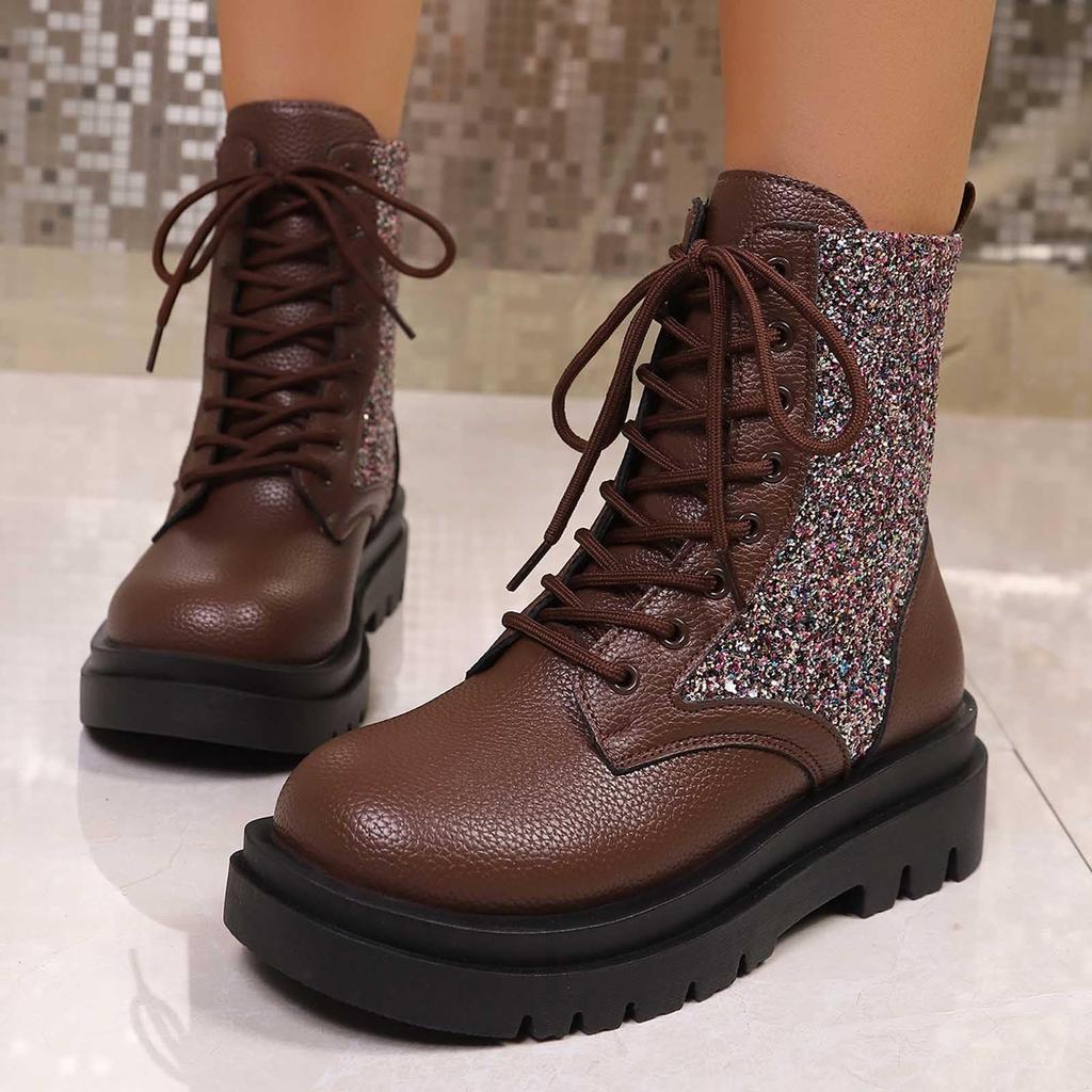 Ladies' Fashionable Color Low Heel Leather Face Round Toe Mid Top Boots