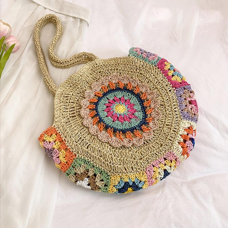 Kadın Moda Dokuma El Çantası Yuvarlak Hasır Dokuma Tote Çanta Tatil Omuz Çantası Büyük Kapasiteli Etnik Stil Seyahat Tatil için