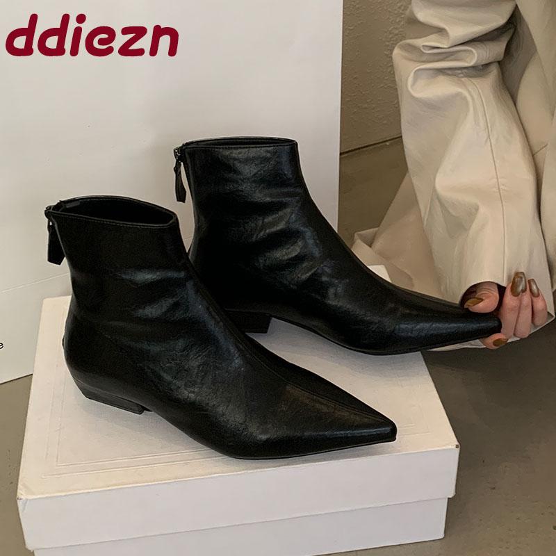 Módní dámské kotníkové strečové boty na nízkém podpatku se zipy Boty Módní špičaté dámské moderní krátké boty Boty