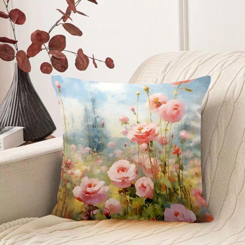 Oil Painting Water Lily Pattern Decorative Pillowcase Living Room Bedroom Square Cushion Pillowcase