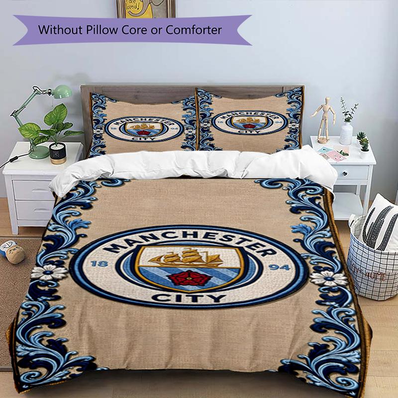 3pcs Duvet Cover Set (1*Duvet Cover + 2*Pillowcase, Without Core),Manchester City FC Print Bedding Set, Bedroom Decor, All‑Season, Birthday Gift
