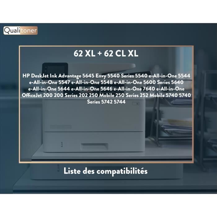 QUALITONER - 2 Compatible Cartridge for HP 62 XL + 62CL XL 62XL + 62CLXL Black + Color for HP DeskJet Ink Advantage 5645 Envy 554