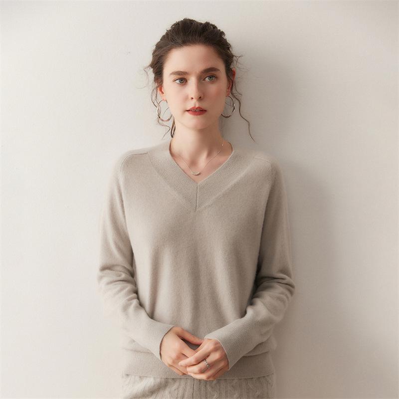 Lekasha Women's Cashmere V-Neck Sweater - Loose, Long-Sleeved Knit for Autumn & Winter